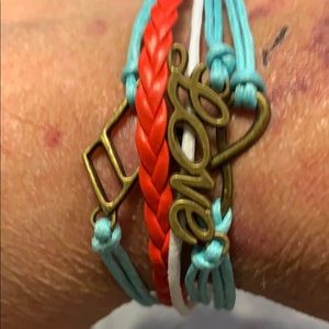 Friendship Bracelet Lt blue, red, & white (#9)